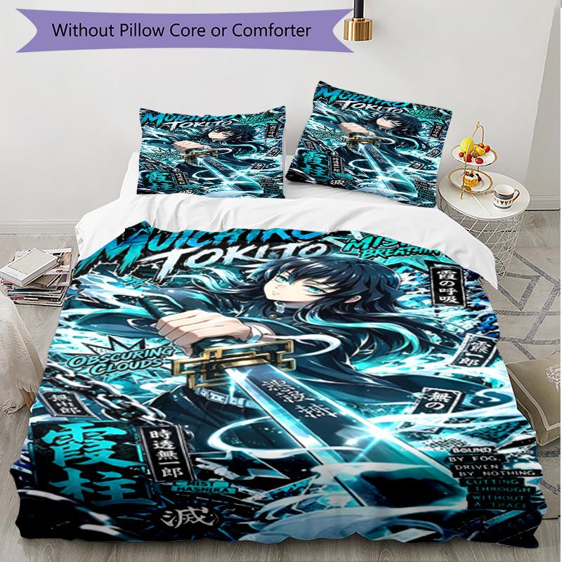 3pcs Duvet Cover Set (1*Duvet Cover + 2*Pillowcase, Without Core), Demon Slayer Print Soft All‑Season Bedding Set, Home Bedroom Decor Gift
