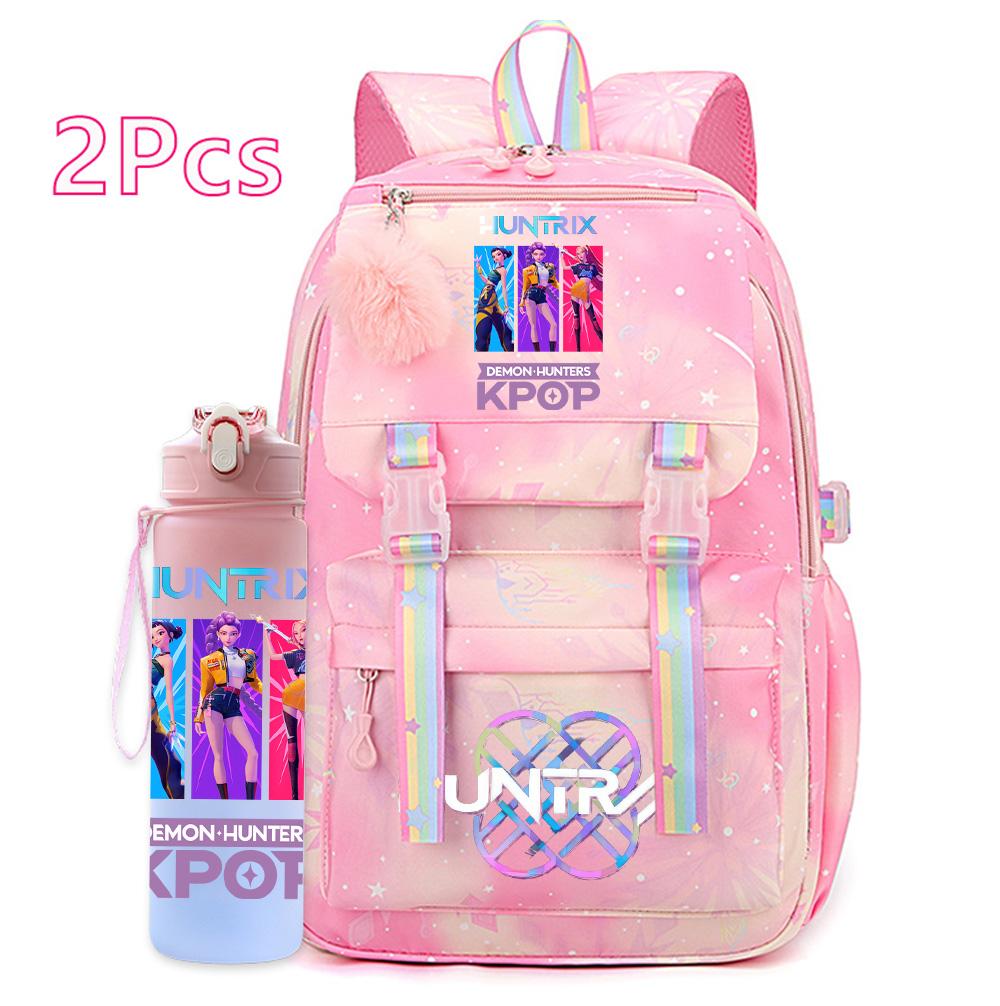2Pcs/set Anime Cartoon Kpop Printed Backpack with 750Ml Water Bottler Large Capacity Travel Bag for Teenager Girl Boy Bookbag Kid Gift Rucksak