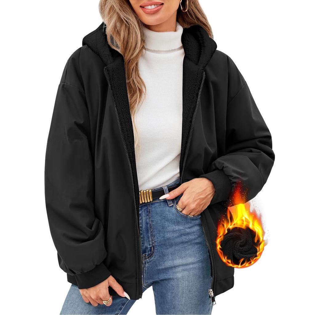 Damska Polarowa Zimowa Kurtka Bluza z Kapturem Dwustronna Długi Rękaw Casualowa Bluza Płaszcz z Kieszeniami