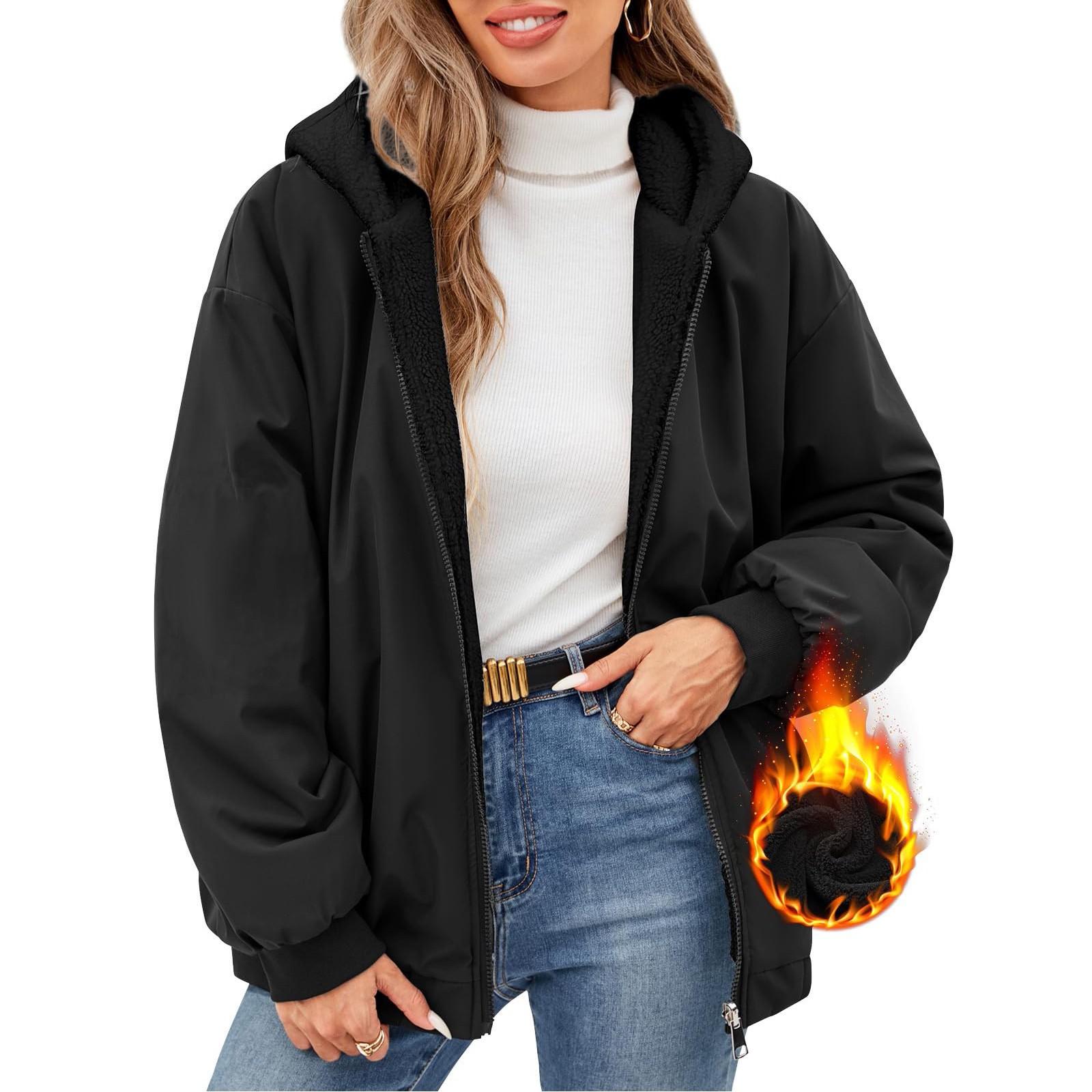 

Женская флисовая зимняя куртка с капюшоном, двусторонняя, с длинным рукавом, повседневная толстовка, пальто с карманами M чёрный