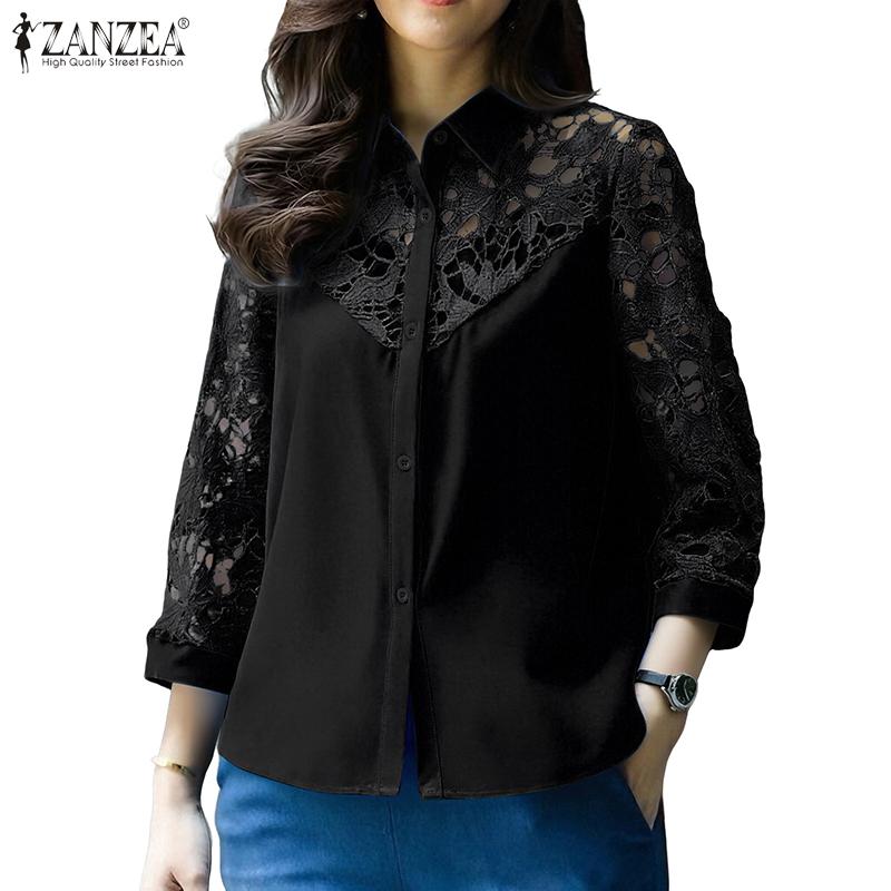 ZANZEA Women Casual Turn Down Collar Hollow Crochet Splice 3/4 Sleeve Blouse