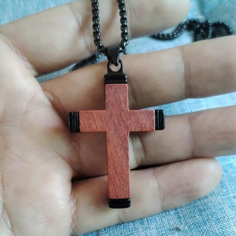 Handcrafted Wood And Stainless Steel Crucifix Pendant Necklace For Men And Boys Unique Design Natural Texture