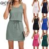 Women's Fashion Summer Spring Solid Color Print Sleeveless U-Neck Casual Dresses