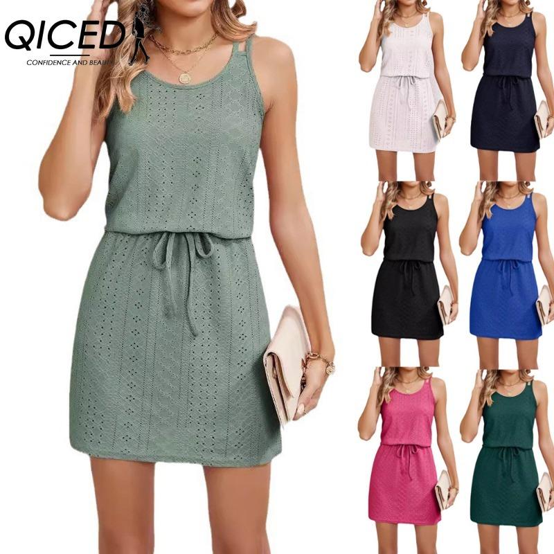 QICED Women's Fashion Summer Spring Solid Color Print Sleeveless U-Neck Casual Dresses