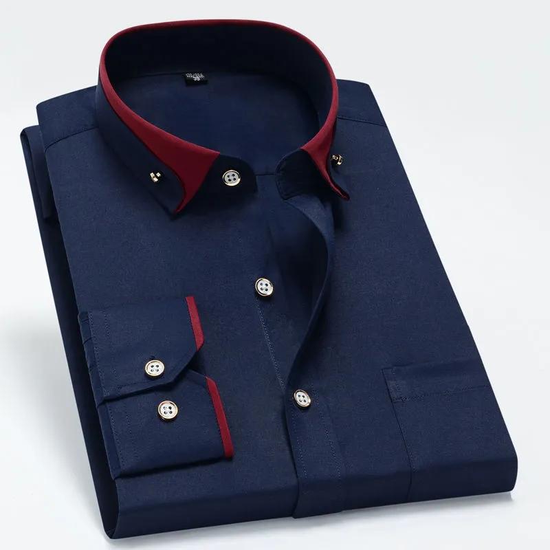Pánská business casual košile, úzký střih, jednobarevná, prodyšná, s dlouhým rukávem, čtvercový výstřih, vysoce pružná, základní vrstva