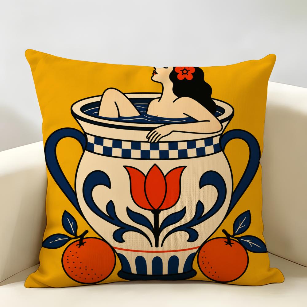 Coffee Bath In BLUE Cushion Cover Durable Hypoallergenic Organic Linen Pillow Cover Short Size Washable Skin-Friendly