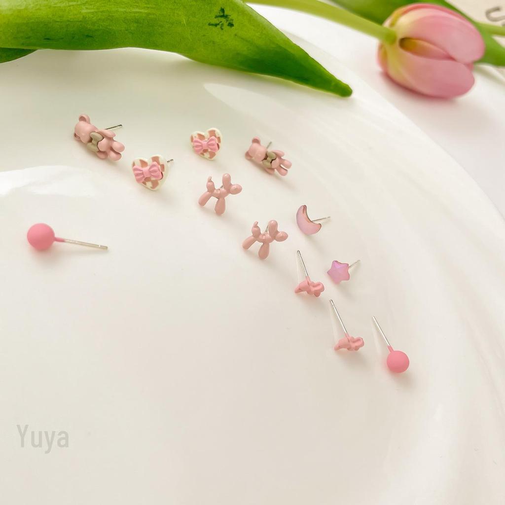 Charming Petite Silver Needle Earrings Set for Women - Cute, Colorful, Sweet Exquisite Styles