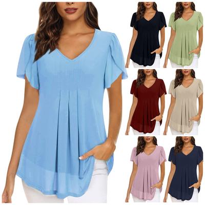 Women's Fashion Solid Color V-Neck Petal Sleeve Double Layer Tops Short-Sleeved Shirt T-Shirt