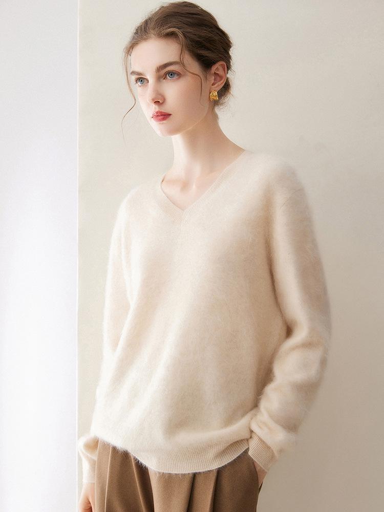 Kang Sai Ni Women's 100% Cashmere Long Brushed Sweater, Old Money Style Knitwear
