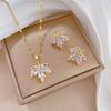 Fashion Gold Plated Exquiste Maple Leaf Necklace Earring Set Stainless Steel Rhinestone Zirconia Sets For Wedding Dating
