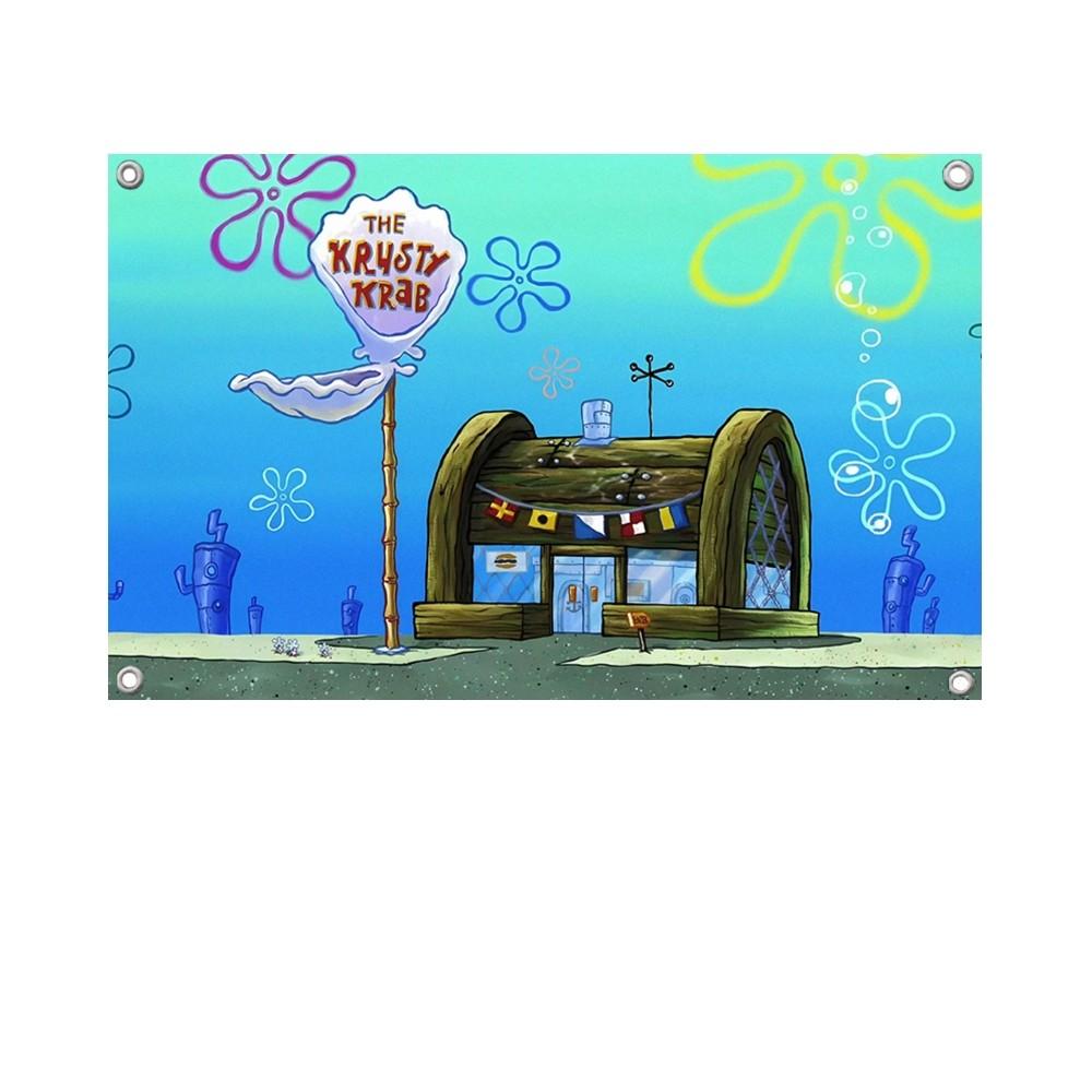 1PCSpongeBob SquarePants Bikini Bottom Flag Banners Four Hole Flag Polyester Outdoor Decor Room Aesthetic