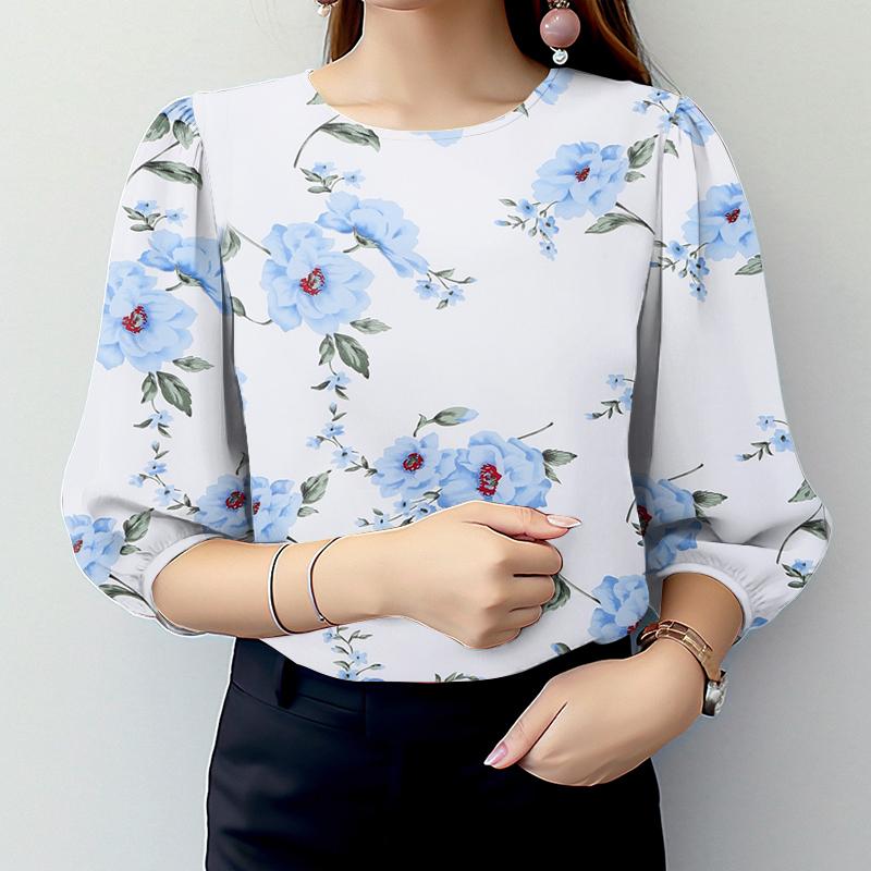 

ZANZEA Женская повседневная свободная блузка с цветочным принтом и рукавом 3/4 S синий