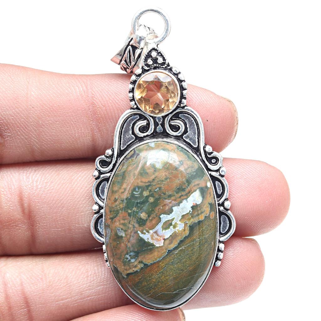 Pendant Rainforest Jasper Citrine Quartz Gemstone Handmade Silver Jewelry 2.75"