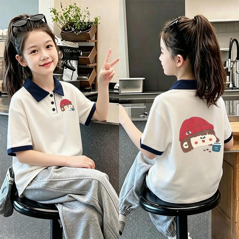 Korean Academy Style Girls' Cotton Polo Shirt with Patchwork Lapel - Casual Summer Short Sleeve T-shirt