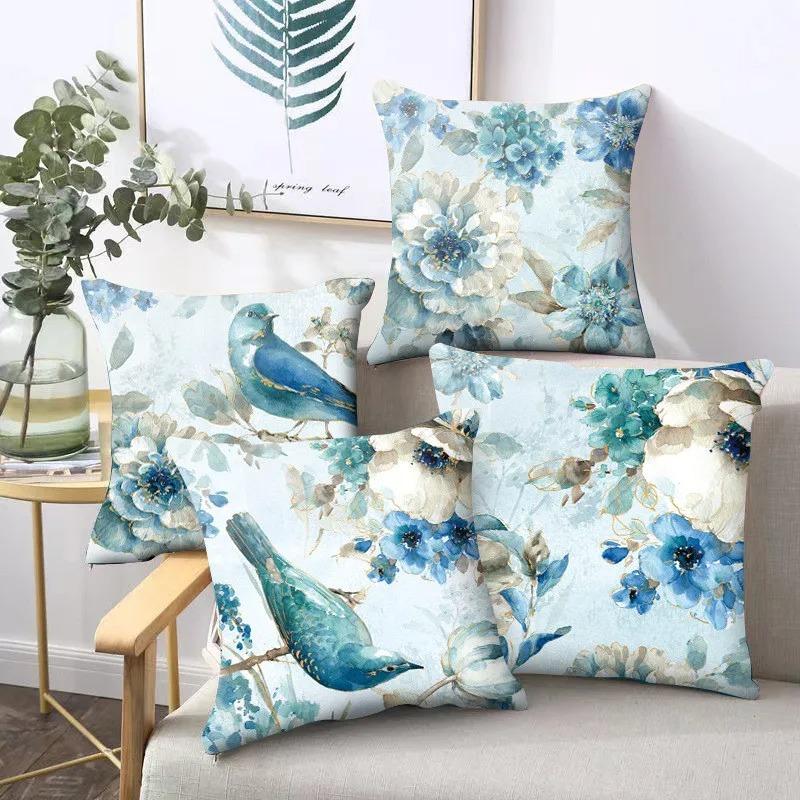 Blue Flower and Bird Print Decorative Pillowcase Living Room Office Ornaments Home Pillowcase
