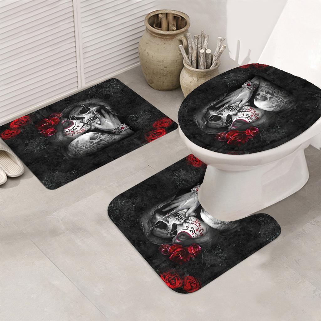 Skull King & Queen With Rose Print Bath Curtain Set - Simple Design For Bathroom Decor, Includes Shower Curtain & Bath Mat