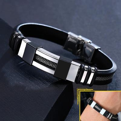 Stainless Steel Bracelet Men Wrist Band Black Grooved Rudder Silicone Mesh Link Insert Punk Wristband Stylish Casual Adjustable Bracelet