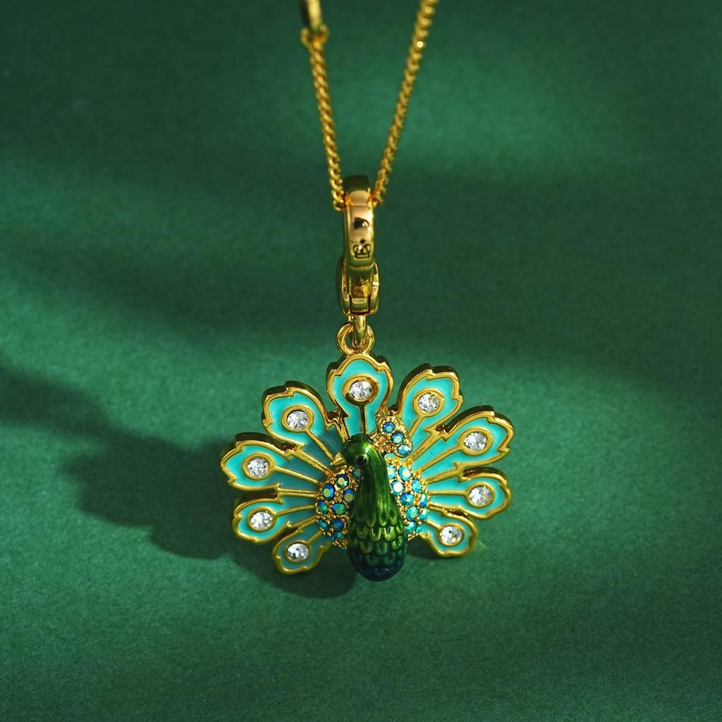 Ethnic Style Peacock Pendant Necklace with Enamel and Diamond-Inlaid Feathers