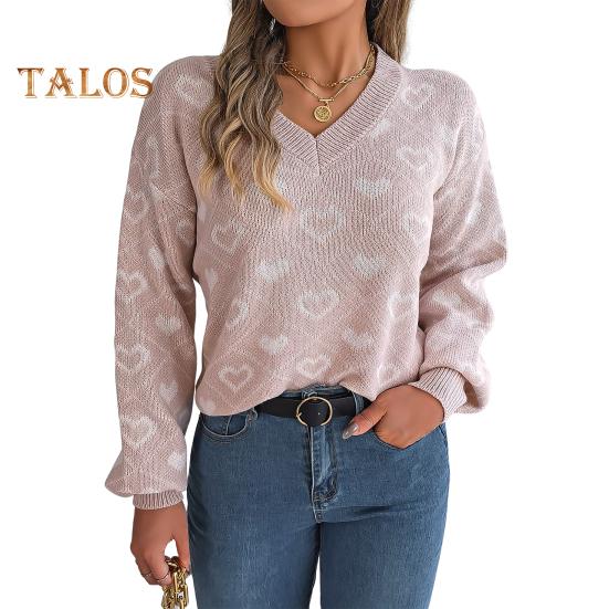 

Женский свитер с V-образным вырезом и длинным рукавом с ребристой отделкой, пуловер, джемпер с узором в виде сердца, трикотажные топы для повседневной носки S розовый