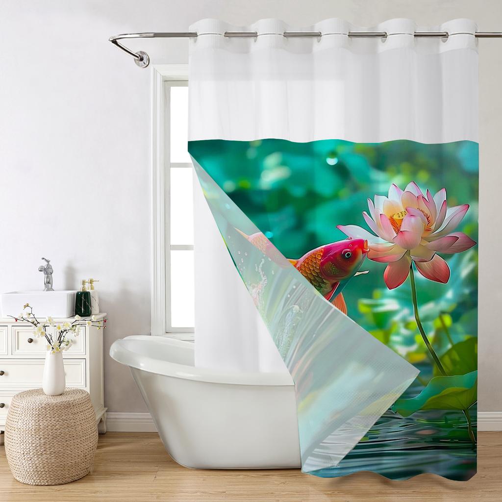 No Hook Lotus Fishes Pattern Shower Curtain With Snap-in Fabric Liner, Sheer Top Window, Waterproof Double Layer Bathtub Curtain