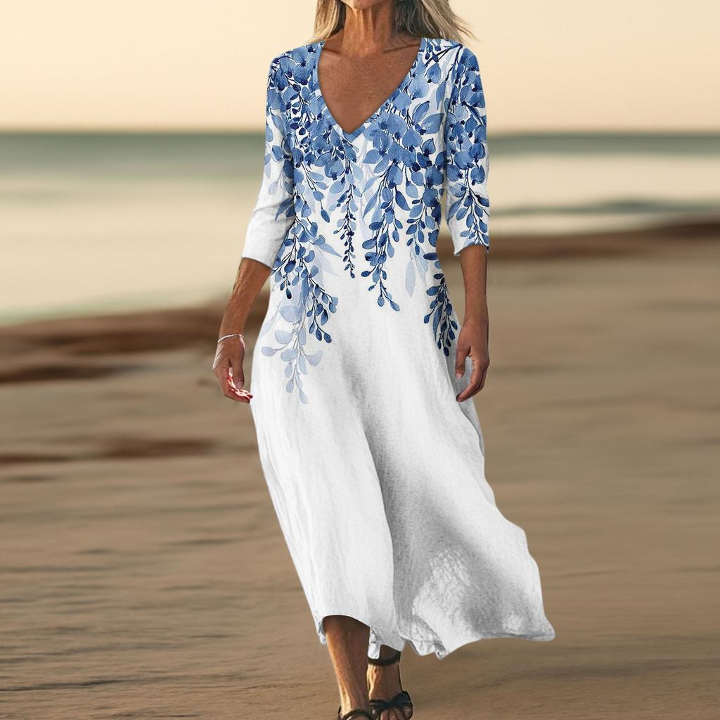 Dresses For Womens Vintage Print Tunic Waisted Midi Dress Summer Casual  3/4 Sleeve Dress