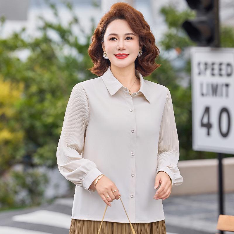 Chic Loose Long-Sleeved Lapel Top for Middle-Aged Women, Plus Size, Lightweight Spring/Summer Shirt
