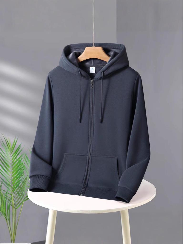 Unisex Heavyweight Cotton Zip-Up Hoodie Cardigan - Solid Color, Autumn/Winter Style.