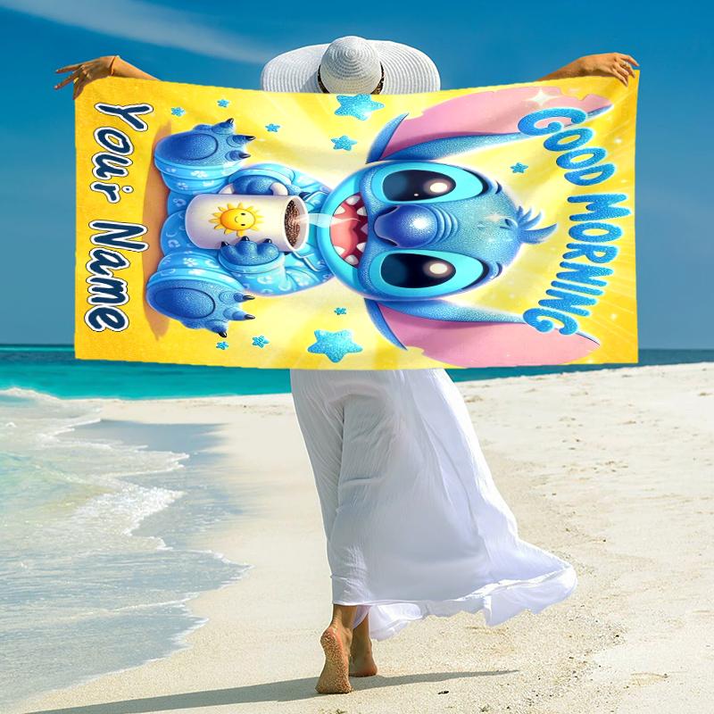 Personalized Good Morning, Stitch Coffee Beach Towel Microfiber Beach Towel Thin Absorbent for Beach Swimming Yoga Bath Sports. 0910302