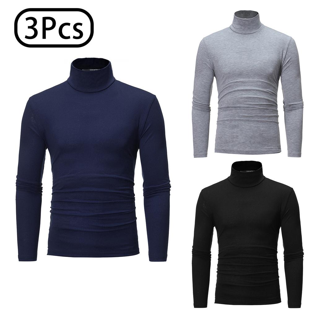 Conjunto de Camisas de Gola Alta Masculinas 3 Peças Manga Comprida Camada Base Térmica Ajuste Slim Cor Sólida
