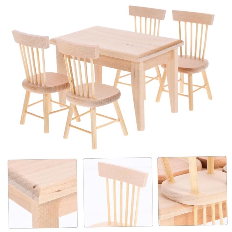 Realistische Details 1/12 Maßstab Puppenhäuser Möbel 5-teiliges Holz Tisch- und Stuhlset