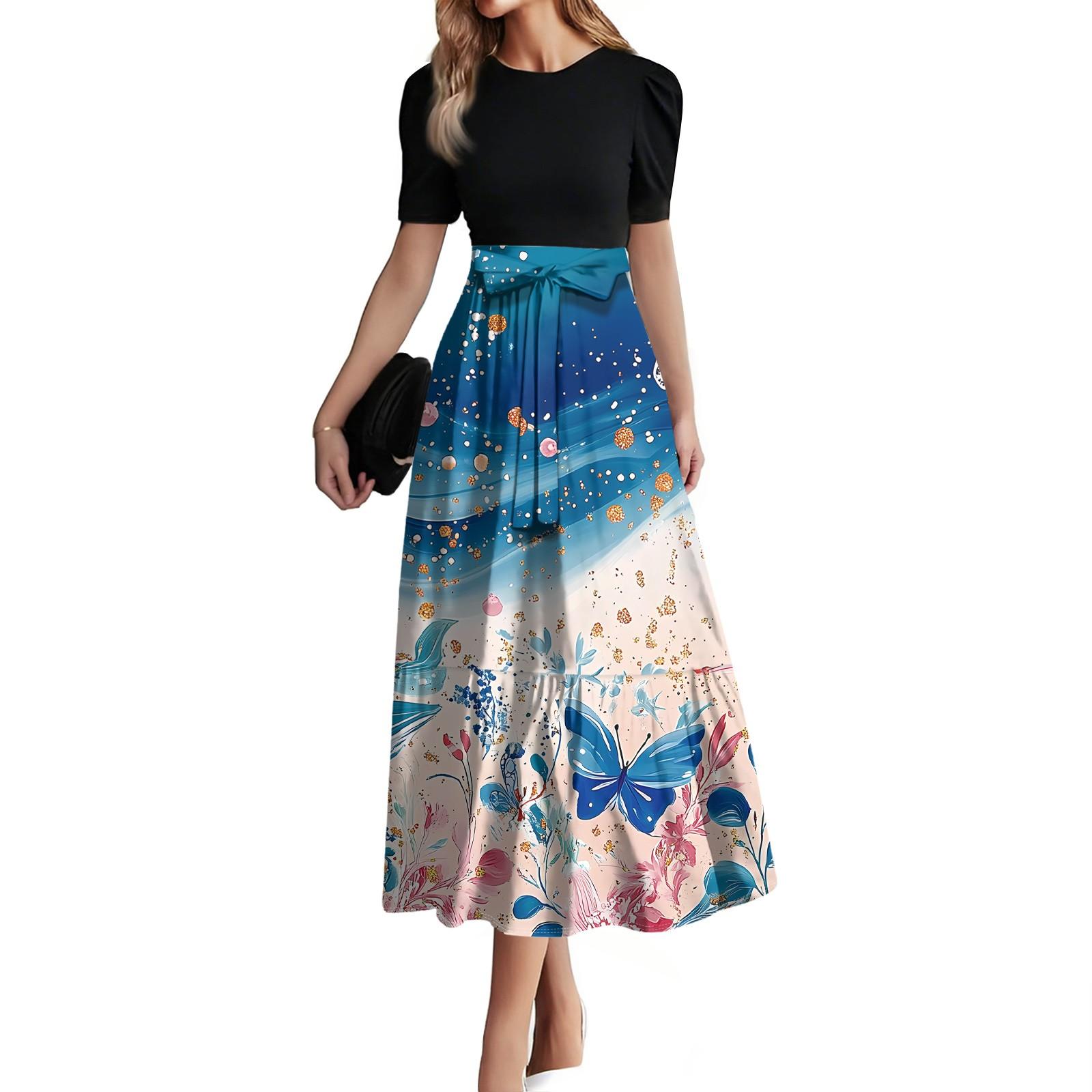 Женское модное повседневное платье с коротким рукавом и круглым вырезом, элегантное, темпераментное L синий