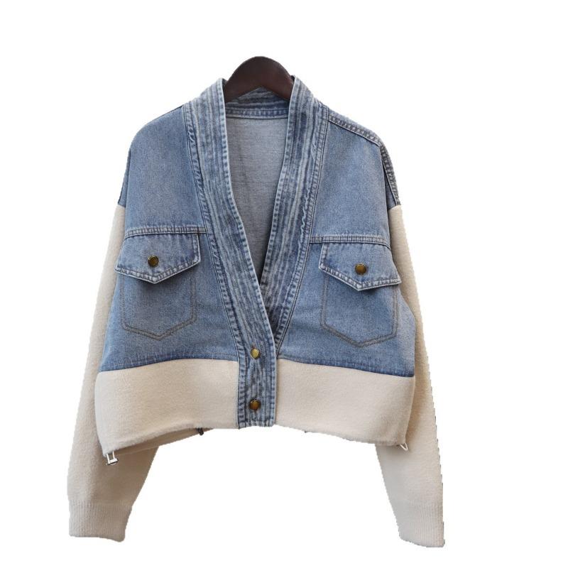 Short Spliced Denim Knitted Double-sided Cardigan Autumn and Winter New Loose Temperament Sweater Jacket Women