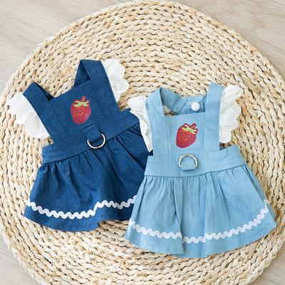 Spring Summer Dog Strawberry Traction Denim Skirt Small Dog Cat Teddy Vest Skirt Pet Dress Clothing
