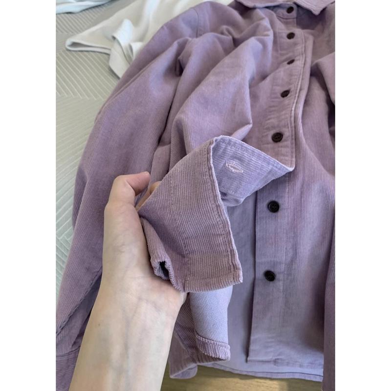 Casual Loose Corduroy Long Sleeve Pure Color Shirt Lapel Top Clothes