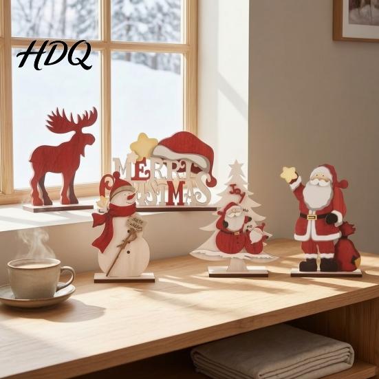Solid Wood Santa Claus Figures Nordic Christmas Ornaments Reindeer Snowman Figurine Atmosphere Props Rustic Desktop Decoration for Holiday