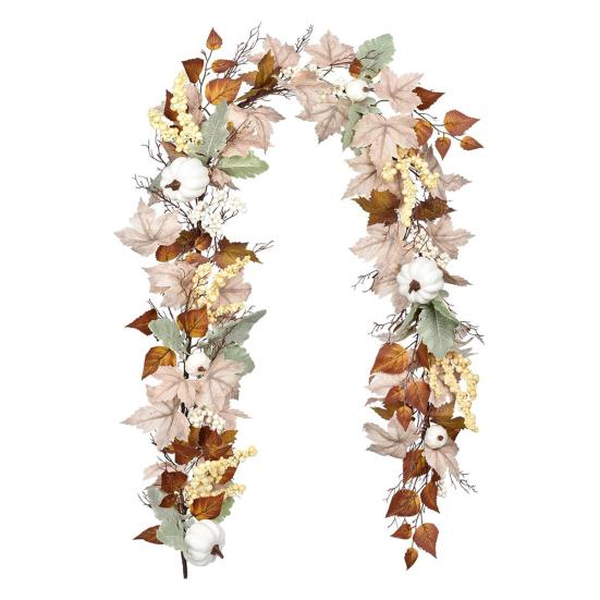 Autumn Harvest Festival Artificial Garland Thanksgiving Day Hanging Berry Pinecone White Pumpkin Fake Maple Leaves Vine Rattan Farmhouse Decor