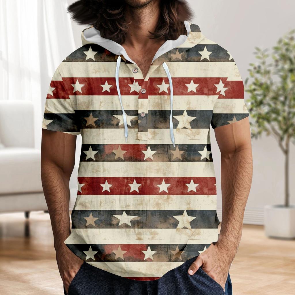 Men'S Casual Short Sleeved Hooded Top Buttoned Open Neck T-Shirt