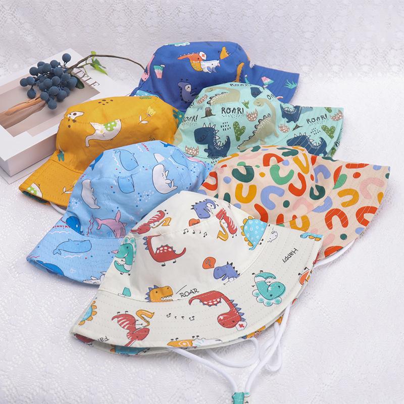 Cartoon Tier Baby Fischerhut Niedlicher Dinosaurier-Print Fischerhut für Junge Mädchen Sommer Verstellbar Breite Krempe Kinder Panama Sonnenhüte