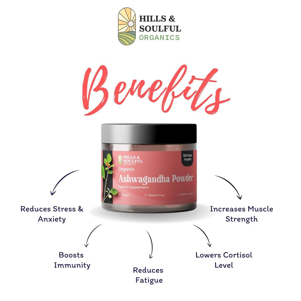 Hills & Soulful Organics Ashwagandha Powder Helps Fight Anxiety | 150gm 0.3lbs