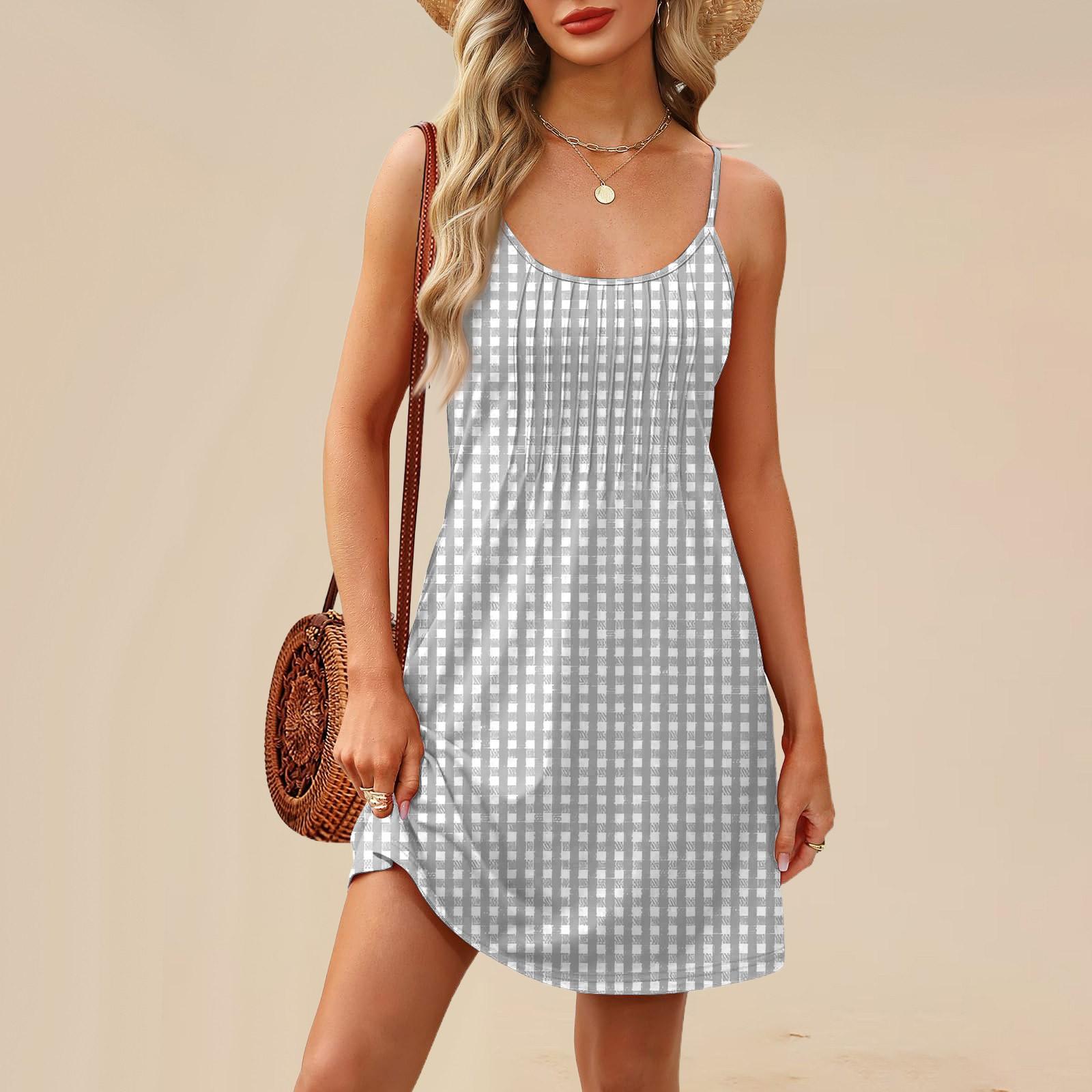 

Fashion Women Summer Dress Striped Plaid Print Adjustable Spaghetti Straps Beach Vacation Casual Dress With Pockets L бежевий