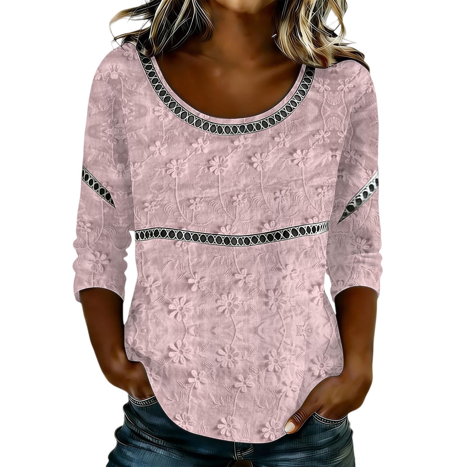 

Womens Spring Tops Summer Shirts for Women Womens Summer Tops Dressy Casual Lightweight 3/4 Sleeve Lace Blouse M розовый