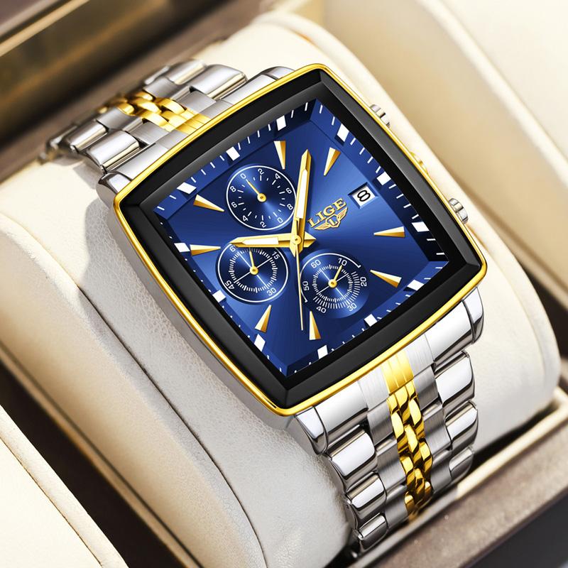 LIGE Luxury Square Sport Man Wristwatch Waterproof Luminous Chronograph Quartz Men's Watches Stainless Steel Men Watch Reloj