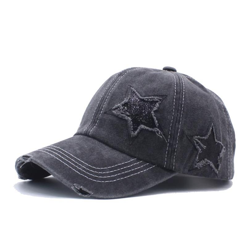 European and American Tide Pure Cotton Washed Ponytail Hole Five Pointed Star Baseball Cap Fashion Ponytail Hole Curved Brim Cap