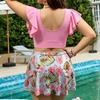 1011 New Large Size Swimsuit Women's Split High Waist Skinny Lotus Leaf Edge Deep V Tropical Printed Skirt Swimsuit