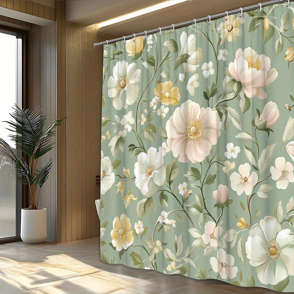 Delicate Floral Shower Curtain - White, Pale Yellow, Light Pink Flowers, Subtle Green Leaves, Muted Green Background