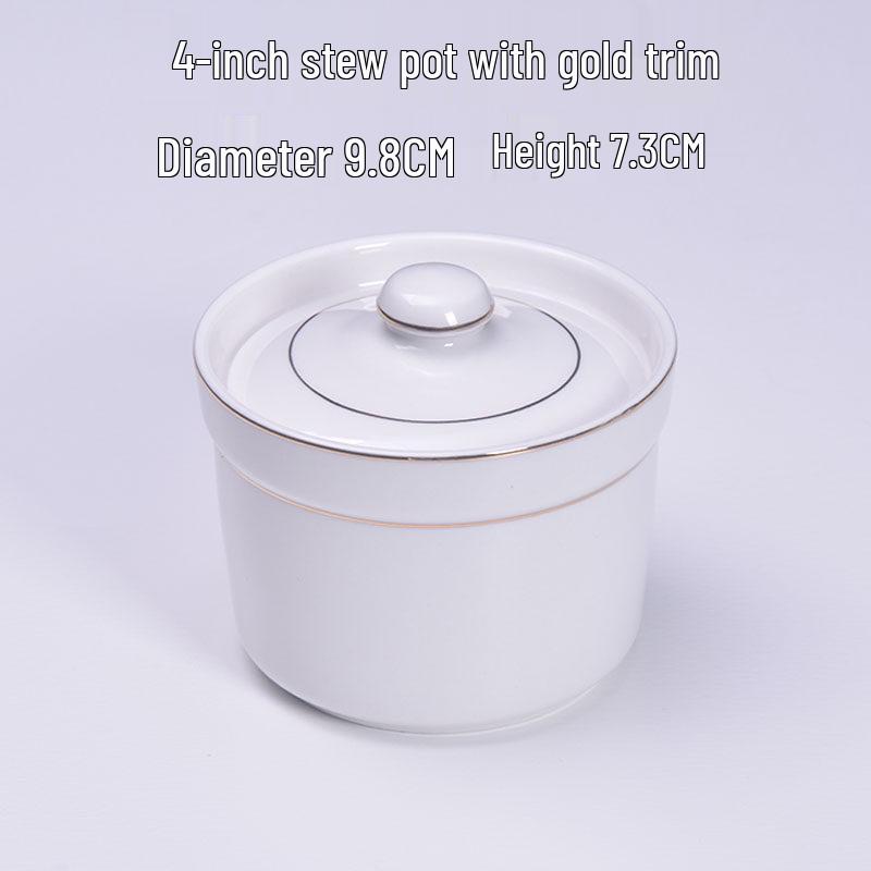 Gold-Trimmed Ceramic Water-Bath Stew Pot with Lid - Includes Egg Steaming and Bird's Nest Bowls, Round Soup Cooker for Home or Hotel Use.