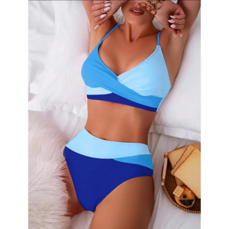 High Waist Bikini Women's Two-Piece Swimsuit Color Block Sexy Gathered Crossbody Swimming Suit