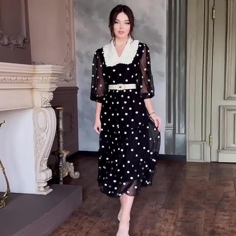 2024 Summer Women's Fashion Chiffon Polka Dot Dress with Color Block and Doll Collar