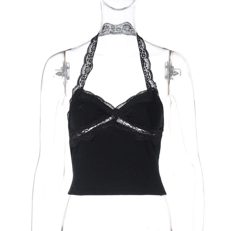 

Gusty French Style Street Pure Desire Style Lace Halter Spaghetti Straps Vest Female Fashion Ins Sexy V Neck Open Back Tops Black S