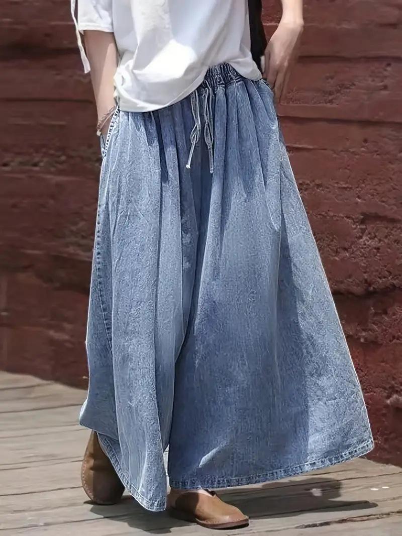 Women s Mid Rise Drawstring Wide Leg Washed Jeans Loose Fit Vintage Elegant Denim Trousers XS синий